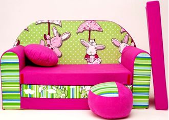 Obrázek z Dětská pohovka s bobkem a polštářkem Zeleno-růžová - Zajíčci H18+