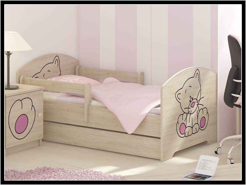 Dětská postel Kočka 140x70 cm - 2x krátká zábrana se šuplíkem - Růžová