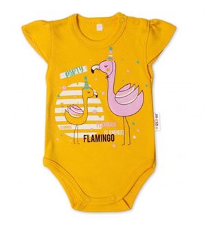 Obrázek z Bavlněné kojenecké body, kr. rukáv, Flamingo - hořčicové