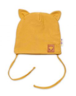 Obrázek Bavlněná dvouvrstvá čepice s oušky na zavazování FOX - hořčicová
