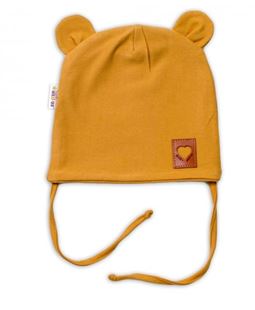 Obrázek Bavlněná dvouvrstvá čepice s oušky na zavazování TEDDY - hořčicová