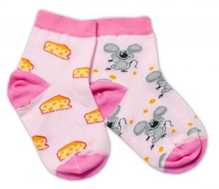 Obrázek Bavlněné veselé ponožky Myška a sýr - světle růžová