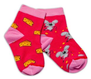 Obrázek Bavlněné veselé ponožky Myška a sýr - tmavě růžová
