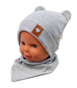 Obrázek Baby Nellys Žebrovaná dvouvrstvá čepice s oušky + šátek TEDDY - šedý melír