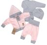 Obrázek z 4 - dílná pletená soupravička, kabátek, tepláčky, čepička a body, růžová - šedá