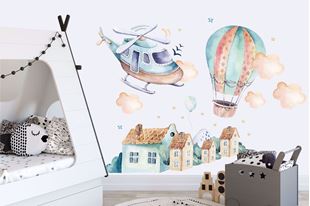 Obrázek Samolepka na zeď Vrtulník, balón a městečko