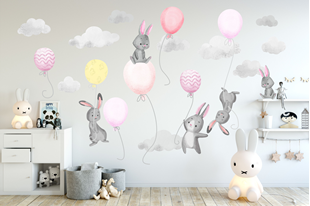 Obrázek Samolepka na zeď Malí králíčci a balónky Růžová