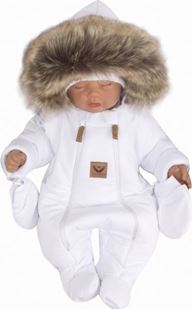 Obrázek Zimní kombinéza s dvojitým zipem, kapucí a kožešinou + rukavičky, Angel - bílá