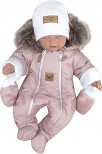 Obrázek Zimní kombinéza s dvojitým zipem, kapucí a kožešinou + rukavičky, Angel - pudrový