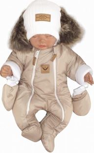 Obrázek Zimní kombinéza s dvojitým zipem, kapucí a kožešinou + rukavičky, Angel - béžový