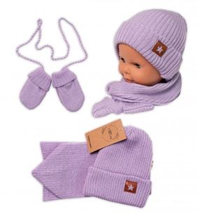 Obrázek Pletená čepice s šálou a rukavičky 3v1, STAR - fialová