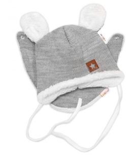 Obrázek Pletená zimní čepice s kožíškem a šátkem Star, šedá