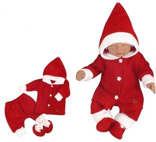 Obrázek 3 - dílná pletená souprava, kabátek, kalhoty a botičky Baby Santa, červená