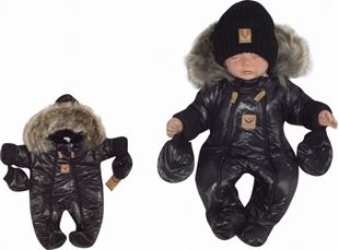 Obrázek Zimní kombinéza s dvojitým zipem, kapucí a kožešinou + rukavičky Z&Z, Angel - černý