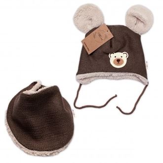 Obrázek z Pletená zimní čepice s kožíškem a šátkem Teddy Bear, , hnědá
