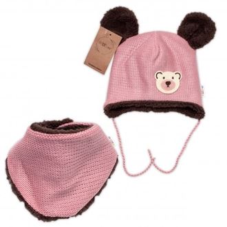Obrázek z Pletená zimní čepice s kožíškem a šátkem Teddy Bear, , růžová