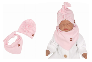 Obrázek Stylová dětská jarní/podzimní velurová čepice, turban s šátkem, sv. růžová