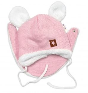 Obrázek Pletená zimní čepice s kožíškem a šátkem Star, růžová