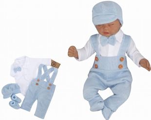 Obrázek 5 - dílná pletená sada Boy, body, kalhoty, čepička, motýlek, botičky, modrá
