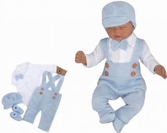 Obrázek z 5 - dílná pletená sada Boy, body, kalhoty, čepička, motýlek, botičky, modrá