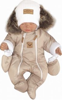 Obrázek z Zimní kombinéza s dvojitým zipem, kapucí a kožešinou + rukavičky, Angel - béžový