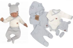 Obrázek Sada do porodnice 5D, body, polodupačky, kabátek, čepička, rukavičky - šedá