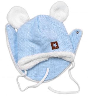 Obrázek z Pletená zimní čepice s kožíškem a šátkem Star, modrá
