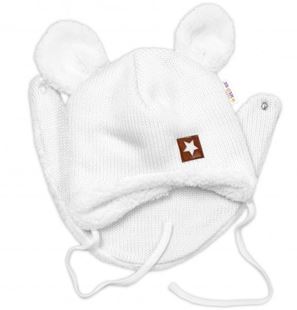 Obrázek Pletená zimní čepice s kožíškem a šátkem Star, bílá