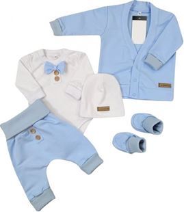 Obrázek Bavlněná sada, body, kalhoty, motýlek a čepice Elegant Boy 5D, , modrá/bílá