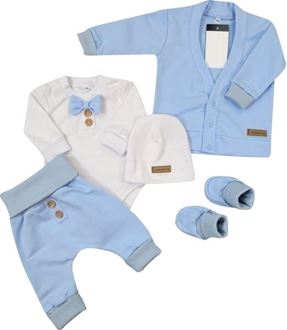 Obrázek z Bavlněná sada, body, kalhoty, motýlek a čepice Elegant Boy 5D, , modrá/bílá