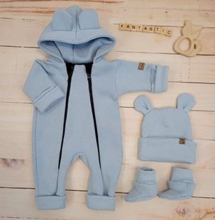 Obrázek Oteplený dětský overal bez šlapek s kapucí, čepička + botičky, 3D, , modrý