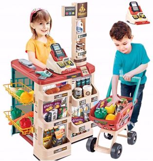 Obrázek z Dětský supermarket s vozíkem a pokladnou Červeno-krémová