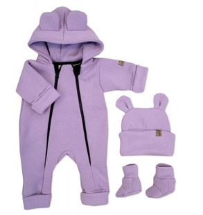Obrázek Oteplený dětský overal bez šlapek s kapucí, čepička + botičky, 3D, , lila